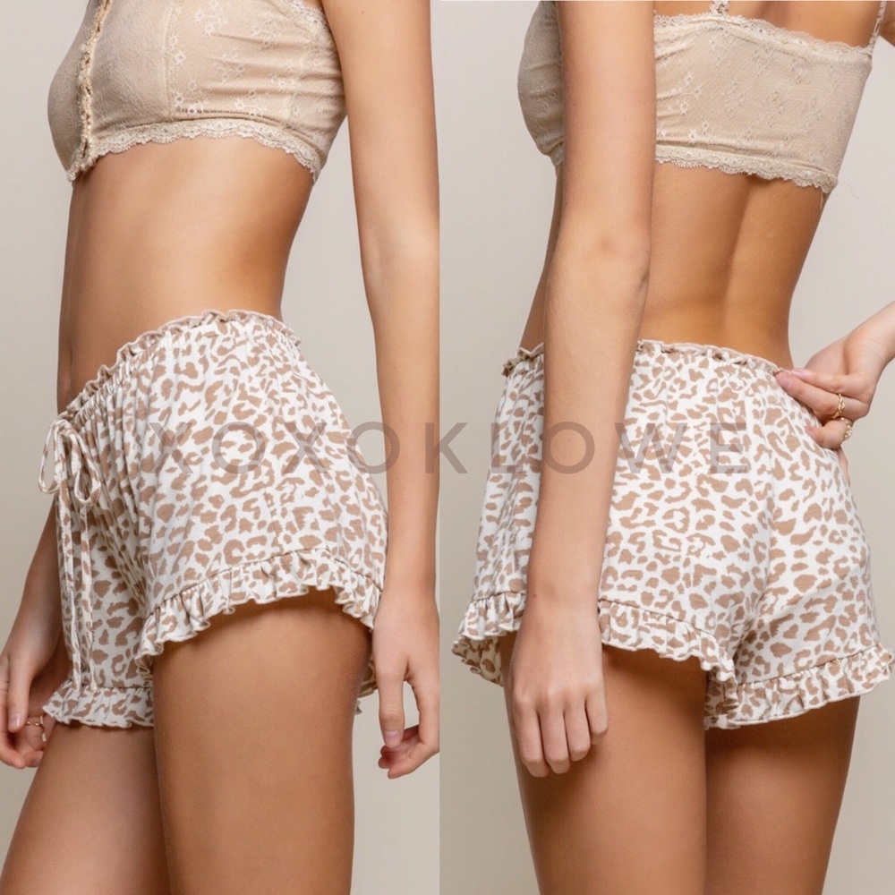 POL Cream & Taupe Leopard Print Soft Knit Ruffle Trimmed Shorts - Picture 7 of 16